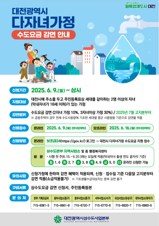 대전 수도요금 다자녀 감면혜택